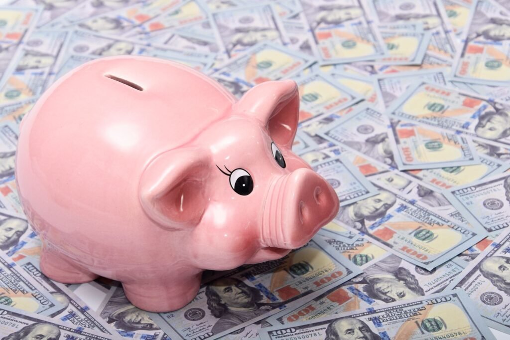piggy bank on top of dollar bills
