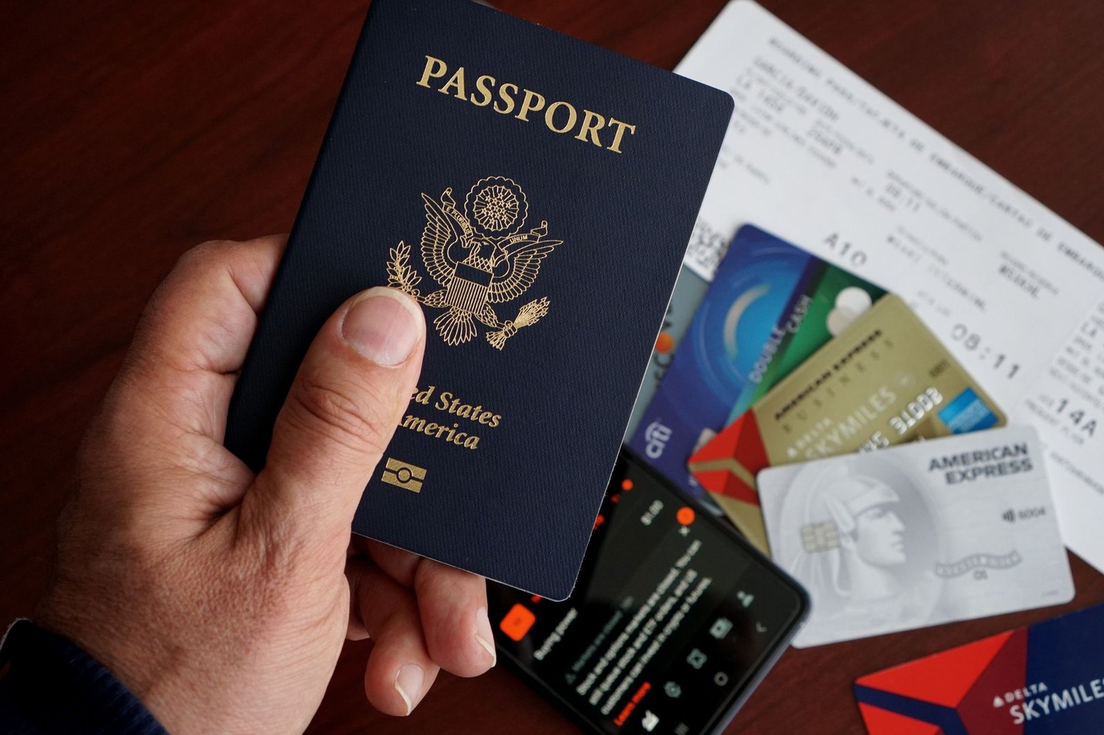 close up of us passport with travel essentials